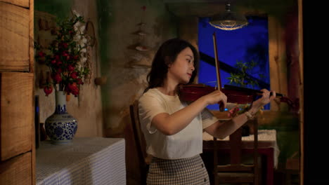 female musician playing melodic tunes on violin in ambient homely setup