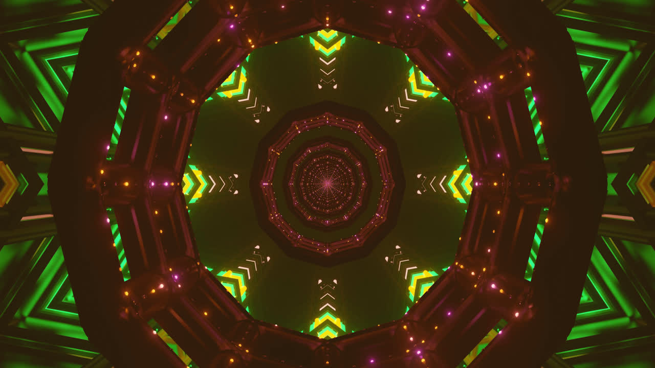 Forme geometriche e modelli colorati creano un'esperienza visiva coinvolgente. Verdi brillanti, viola e rossi pulsano e fluiscono mentre il design si ripete senza interruzioni, ideale per l'uso come salvaschermo.