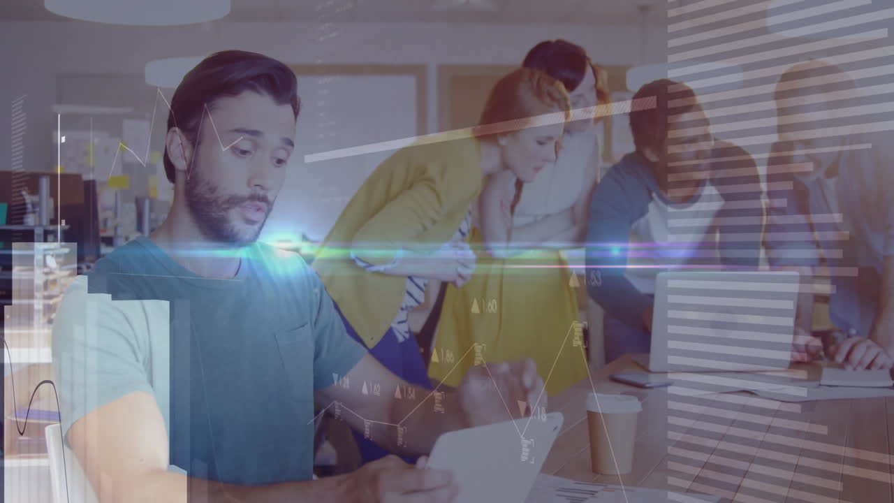 Business team collaborating over financial data processing animation in office