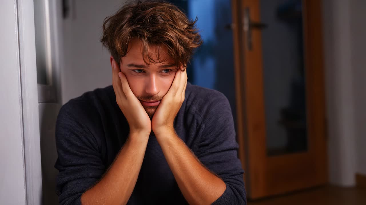 A contemplative moment captured in two frames, depicting a young man in a dimly lit room engaging in deep thought, reflecting on life’s challenges with his hands on his face, showcasing emotion and introspection