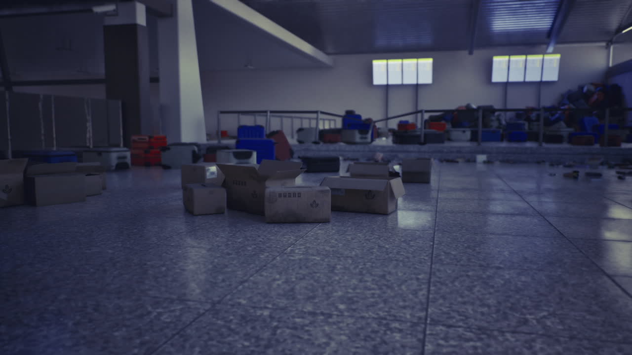Dim warehouse staging area with scattered crates logistics worker shift