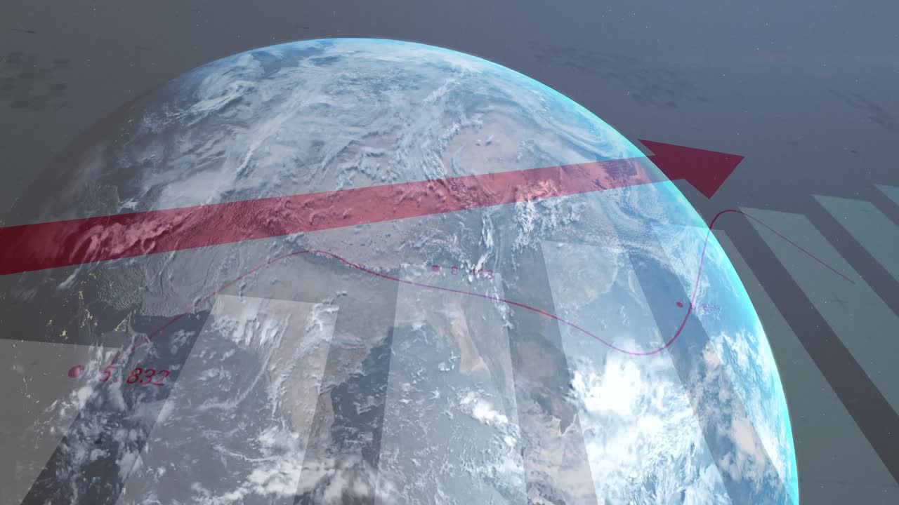 전 세계 통계 기록과 함께 위를 가리키는 빨간 화살표의 애니메이션