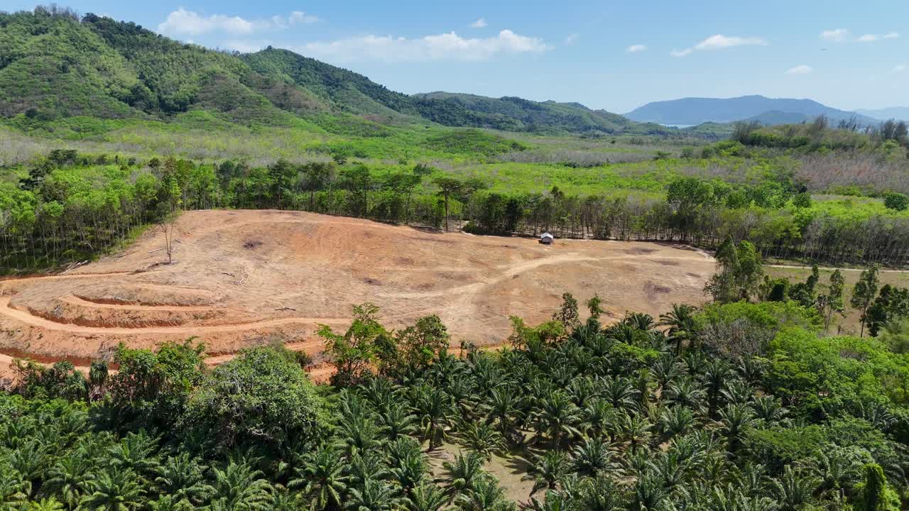 las imágenes de drones capturan la vegetación exuberante y la tierra despejada en phuket, tailandia, mostrando la belleza natural y el desarrollo bajo cielos despejados