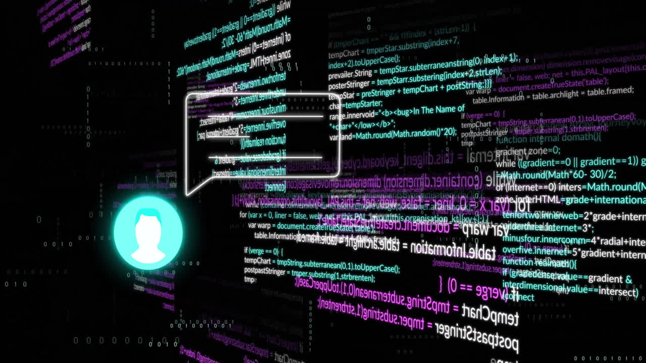 animación de icono y burbuja de voz y procesamiento de datos sobre fondo oscuro