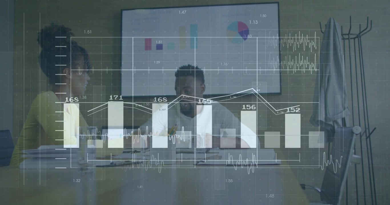 Woman left gesturing and man centered analyzing papers in meeting, business data updating charts