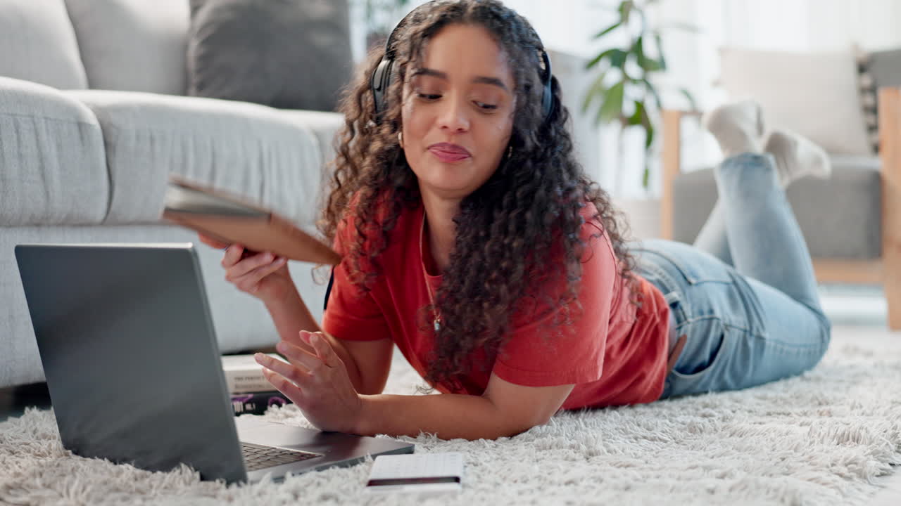 Woman, writing notes and laptop for home