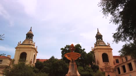 Panning-shot,-low-profile,-of-courtyard,-at-City-Hall-in-Pasadena,-California,-on-a-sunny-afternoon