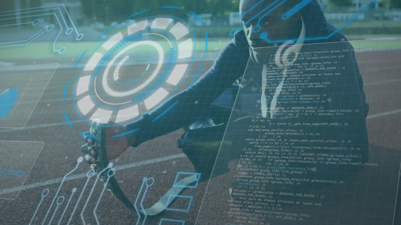 animación del círculo de procesamiento y pantalla digital sobre hombre afroamericano con cuchilla en marcha