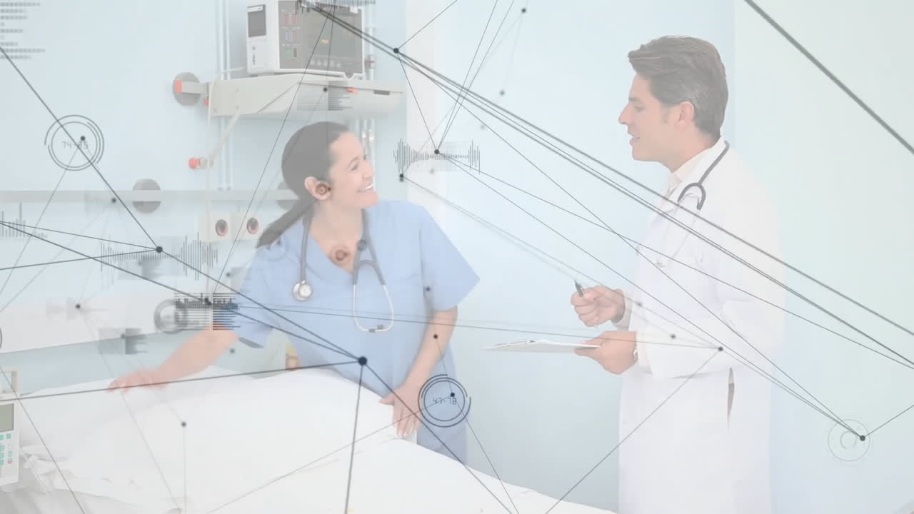Medical data network animation over doctors working in hospital room