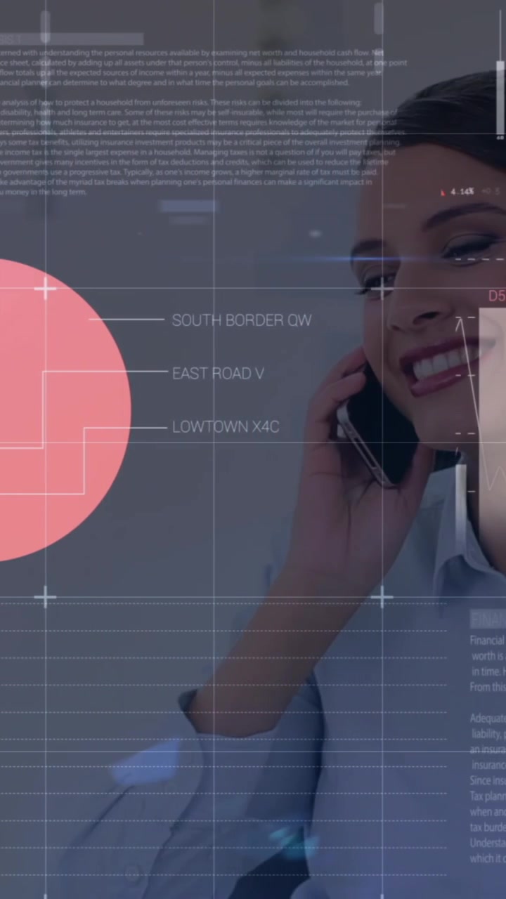Animation of statistical data processing against caucasian woman talking on smartphone at office