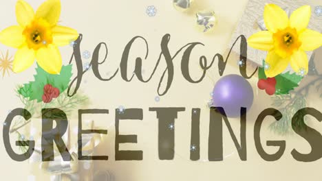 animación de saludos de temporada texto sobre copos de nieve en flores, cajas de regalos y decoraciones de navidad.