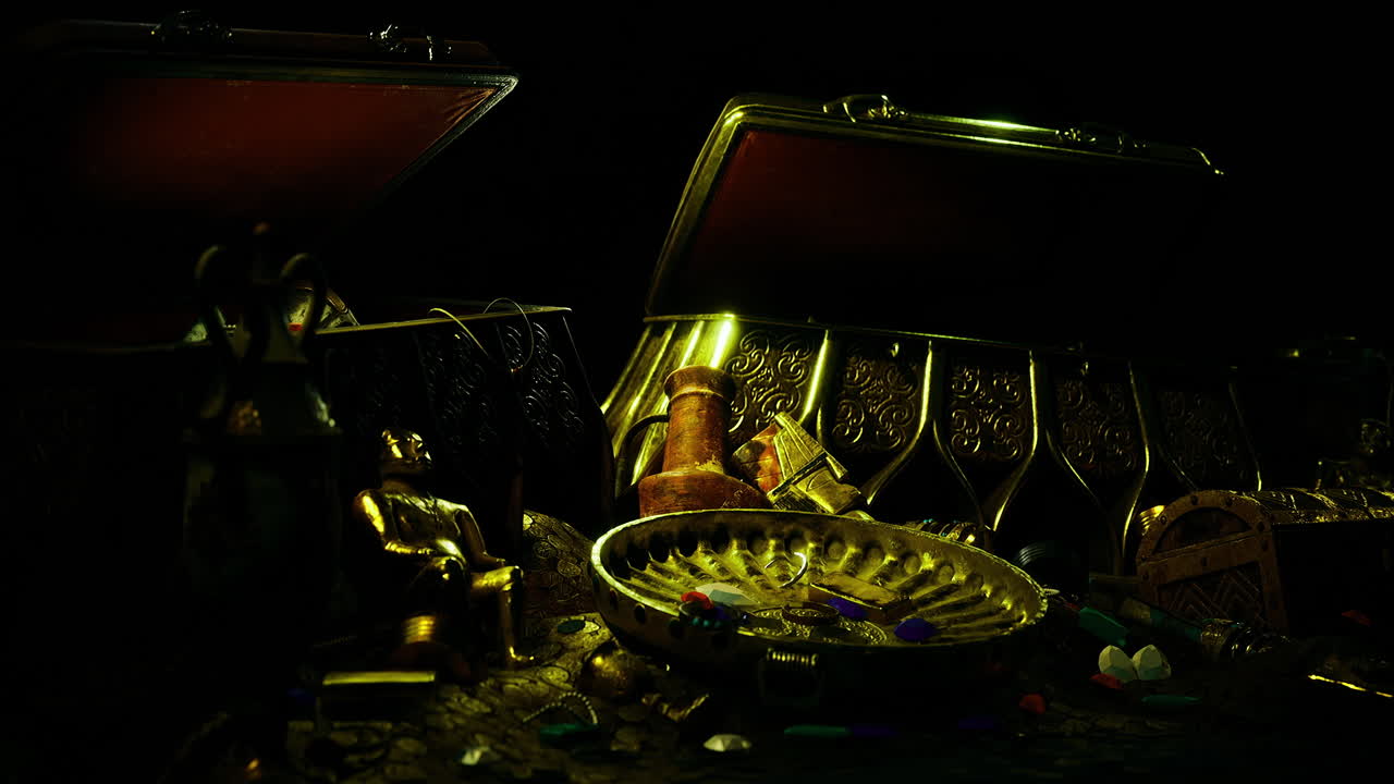 Treasure chests brim with gold coins and ancient artifacts in dim light