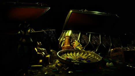 treasure chests brim with gold coins and ancient artifacts in dim light
