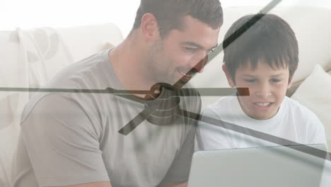 animación de un hombre caucásico y su hijo pasando tiempo en casa sobre un reloj en movimiento usando una computadora portátil