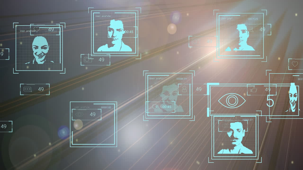 Animation of data processing with diverse people over light trails on black background