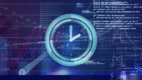 reloj digital de neón y procesamiento de datos estadísticos frente a la vista del paisaje urbano por la noche