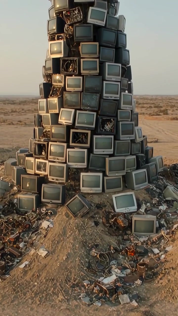 Vídeo vertical: Câmera subindo revelando uma torre de monitores CRT empilhados na areia para mostrar telas e cabos quebrados.