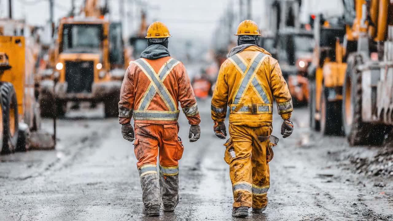 Construction Workers Walking Side by Side Amid Machinery on a Rainy Day, Highlighting the Grit and Determination in the Heavy Equipment Industry