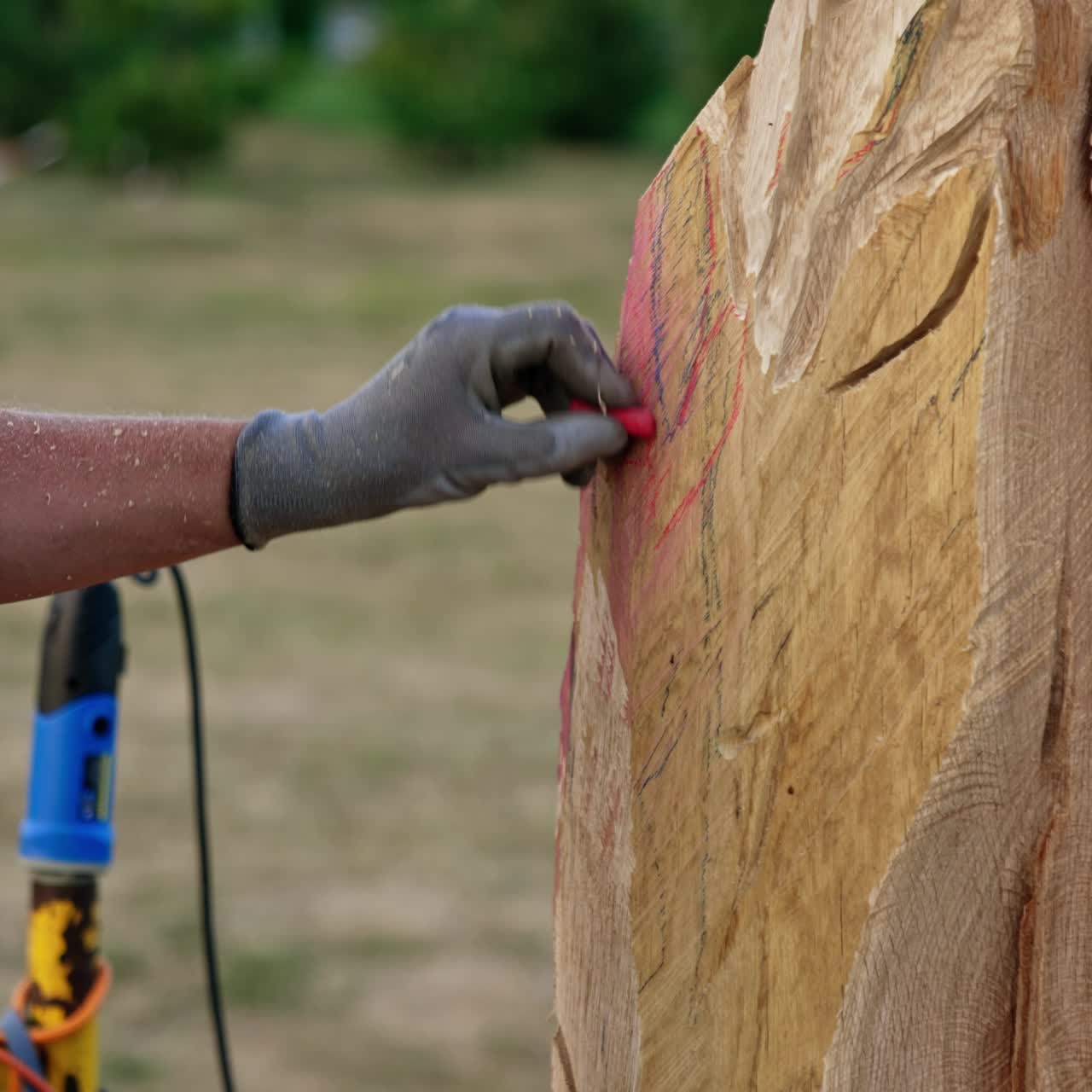 Unrecognized artist drawing on the wood. Man in glove uses red chalk to mark the lines of cuts on the timber