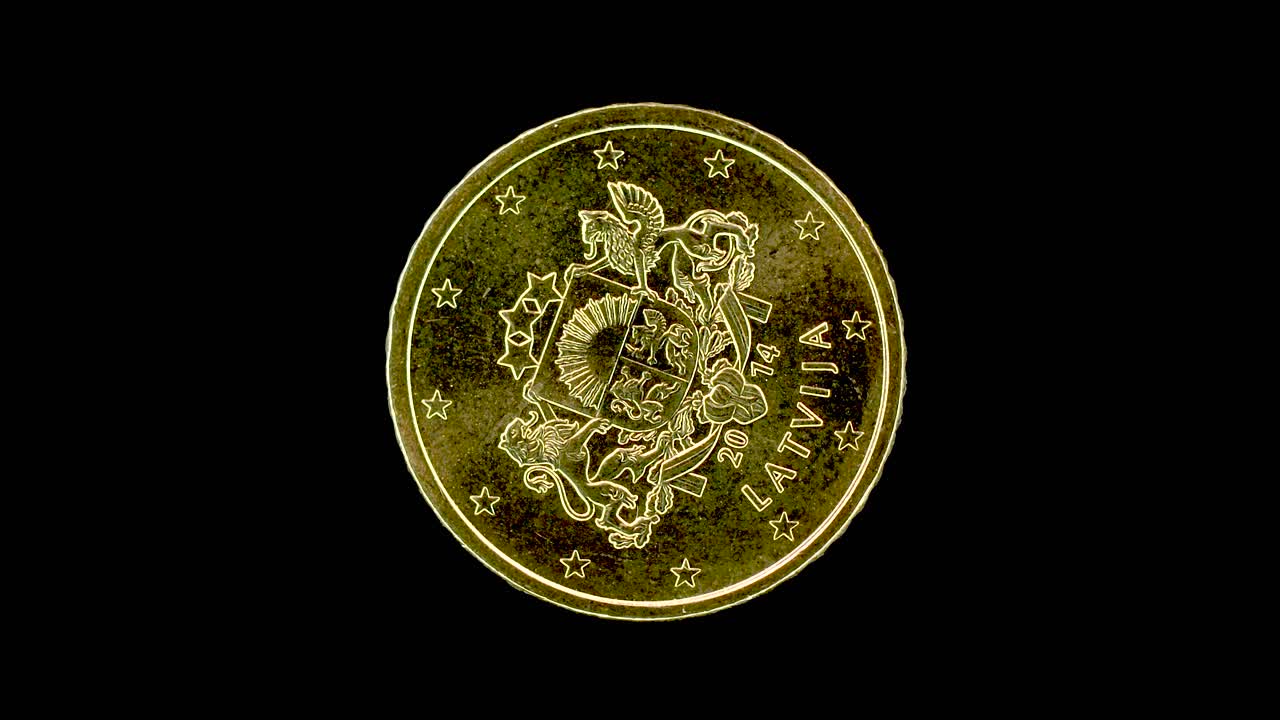 Latvia 2014 50 cent obverse with national coat of arms design rotating on black background