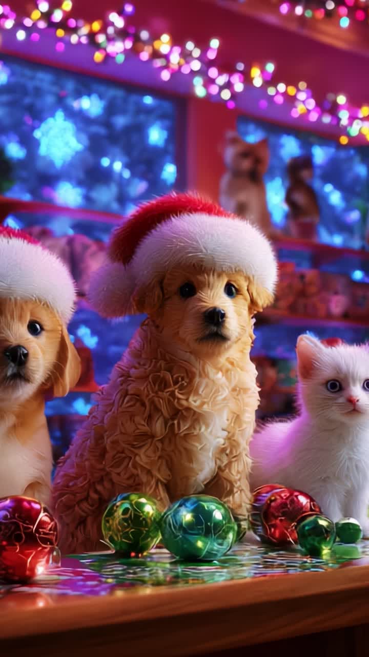 A Festive Gathering of Adorable Puppies and Kittens Donning Santa Hats Amid a Vibrant Christmas Background with Colorful Ornaments and Holiday Lights Enhancing the Cheerful Atmosphere