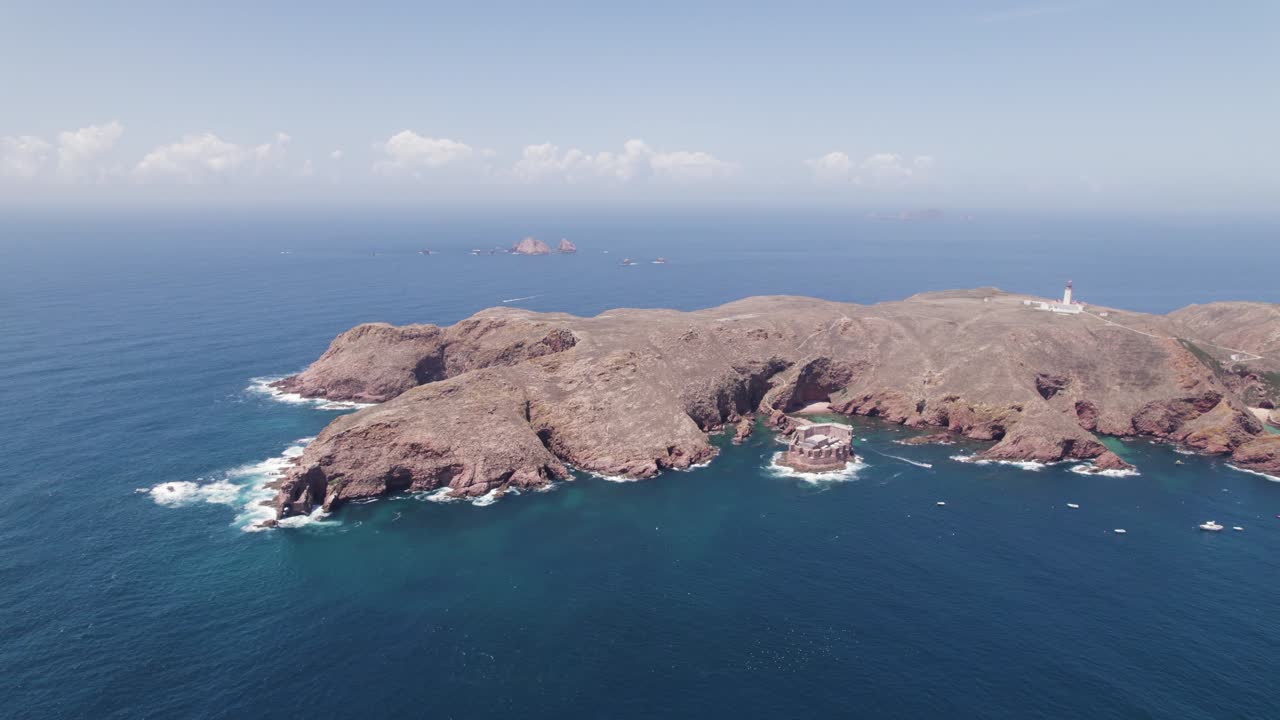 Berlenga Grande island aerial view with Esposende lighthouse and fort of S&atilde;o Jo&atilde;o Baptista landmarks, Portugal