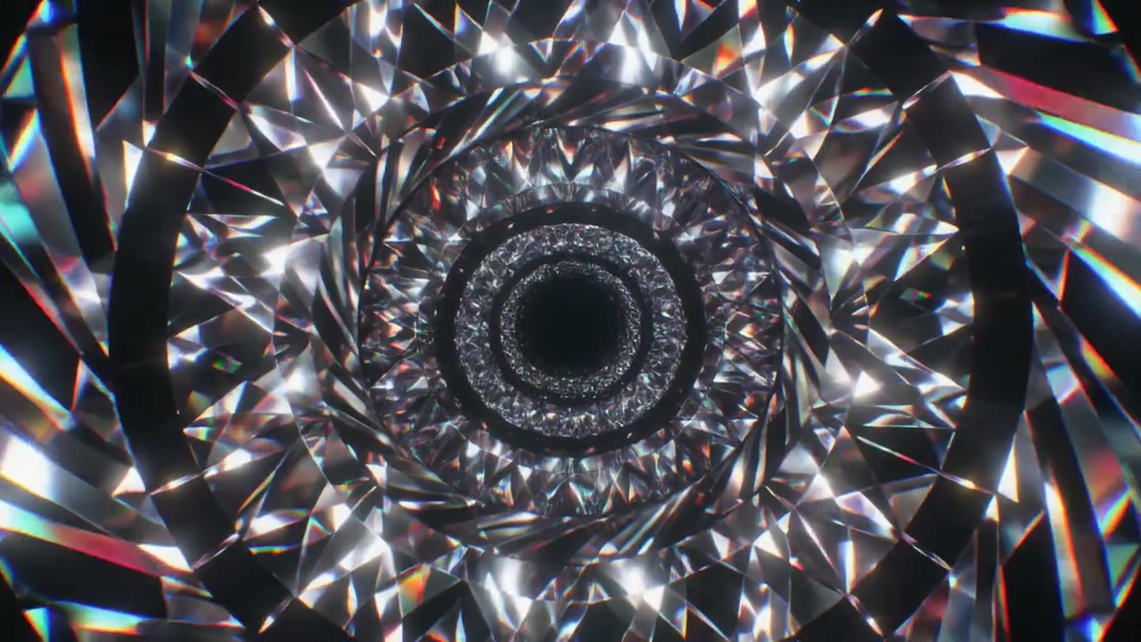 Abstract Tunnel of Rotating Diamond Facets and Light Reflections