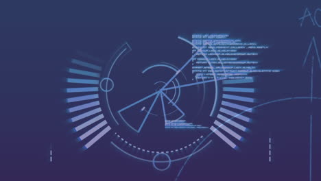 Animation-of-round-scanner,-data-processing-and-mathematical-equations-against-blue-background