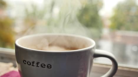 mug labeled as coffee steams against window with a light snow falling outside