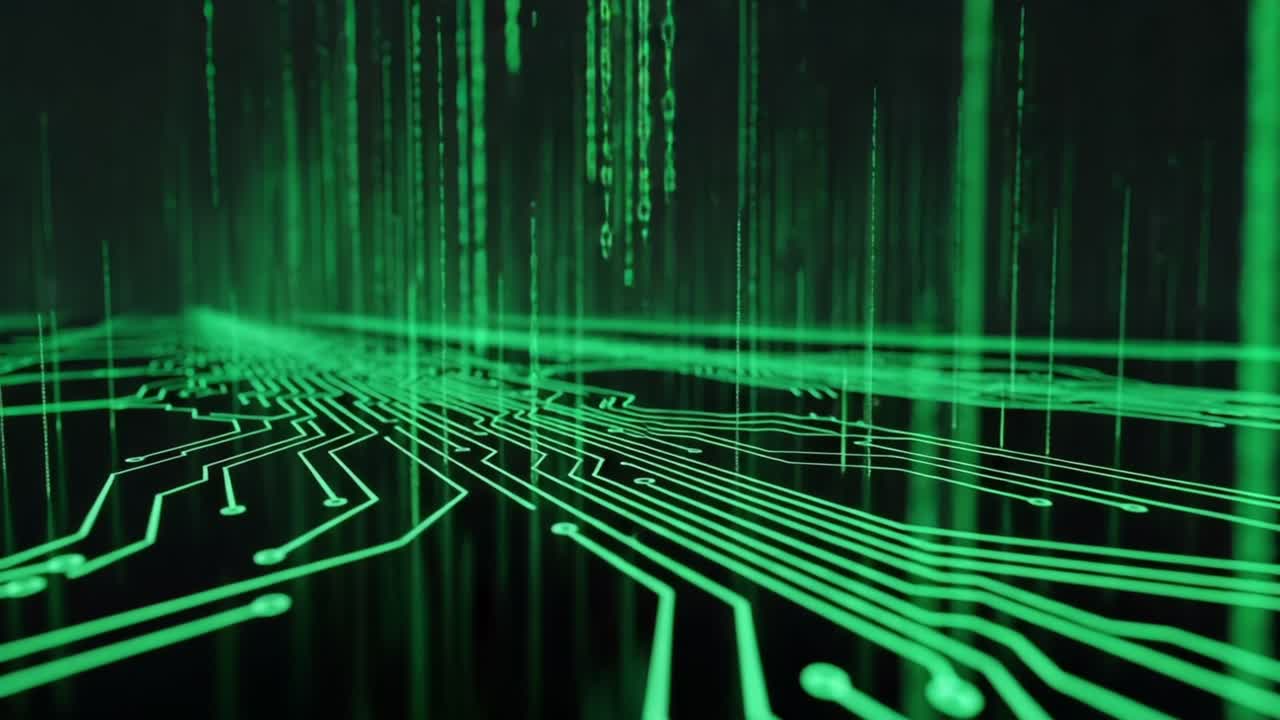 Immersive Digital World: A Captivating View of a Futuristic Green Circuit Board with Flowing Data Streams and Intricate Patterns Highlighting Technology's Evolution