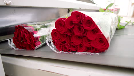 bunches of roses on conveyor belt of sealing machine