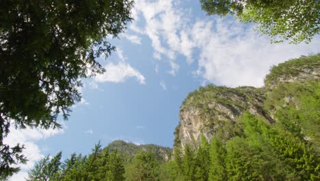 Rotating-angle-looking-up-at-Italian-Mountain-Dolomiti-Dolomites-with-trees-and-bushes-in-foreground