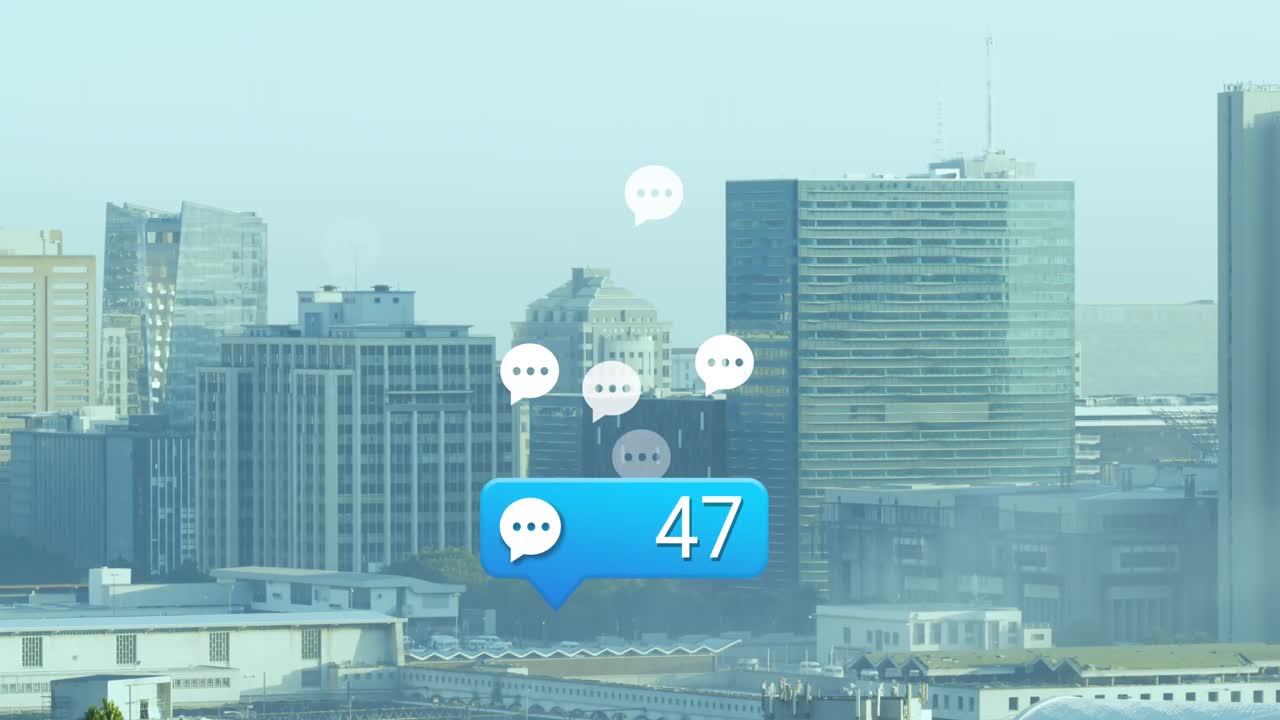 소셜 미디어 아이콘의 애니메이션과 도시 풍경에 대한 데이터 처리