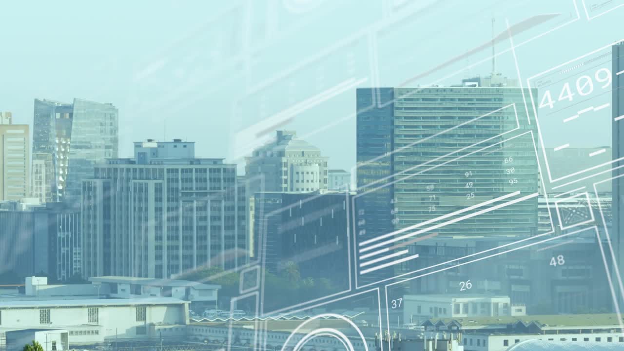 On load clear schematic graphics sliding rightward rotating stacking to form HUD showing city data