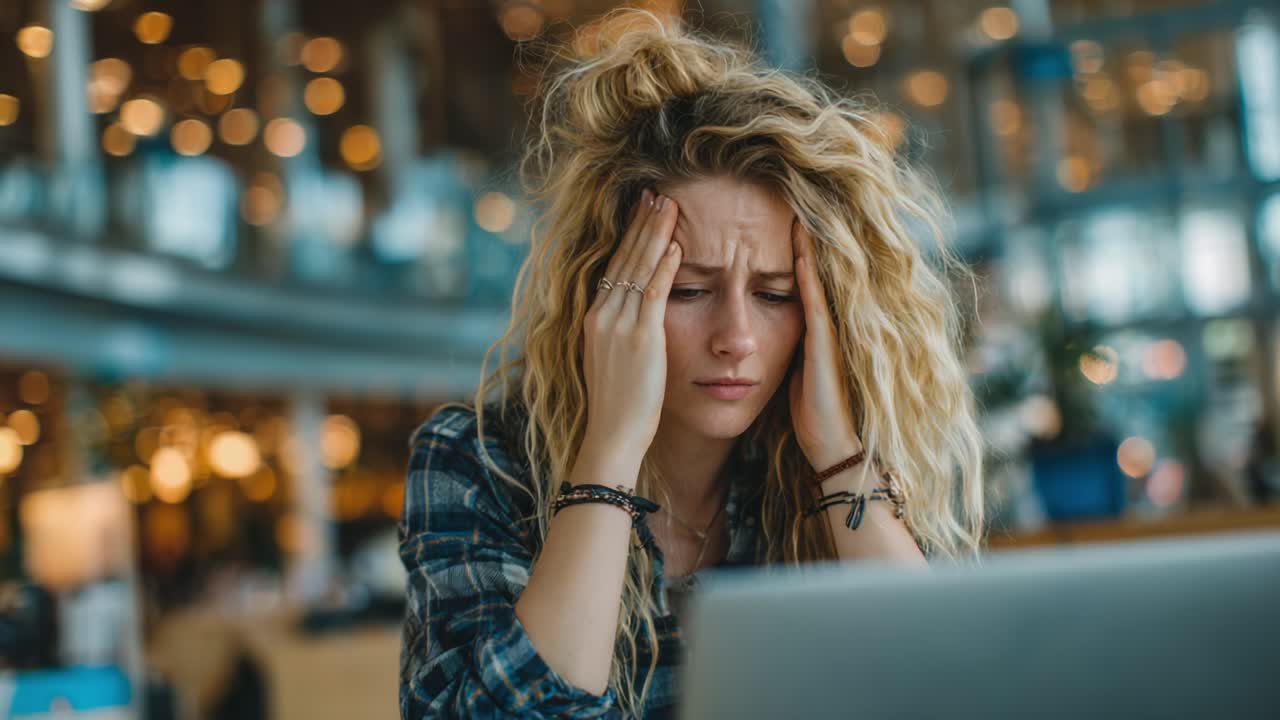 Una giovane donna alle prese con stress e frustrazione mentre lavora al suo portatile in un ambiente frenetico, che rappresenta le sfide della vita moderna e il sovraccarico emotivo