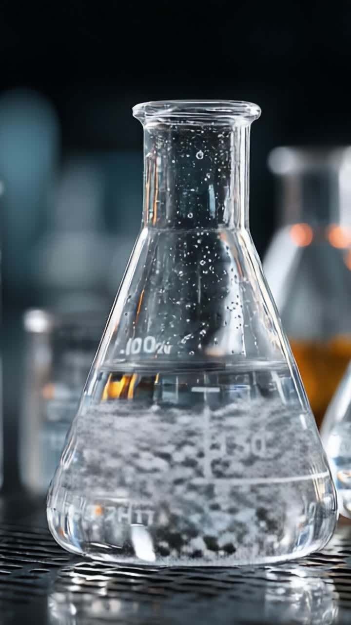 Un primo piano di una fiasca da laboratorio piena di liquido ribollente, che mostra le reazioni chimiche che avvengono al suo interno in un ambiente controllato