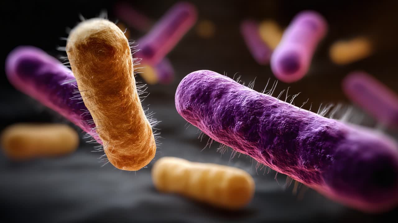 Vista microscopica di batteri vivaci in movimento, che mostrano diverse forme e colori, illustrando la complessità della vita microbica e delle sue interazioni.