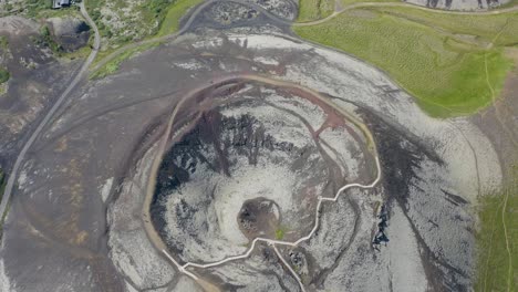 aerial drone view grabrok crater next to raudbrok crater near bifrost in nordurardalshreppur, iceland