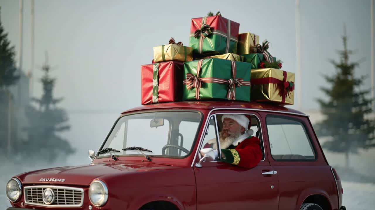 Santa Driving Car with Christmas Gifts