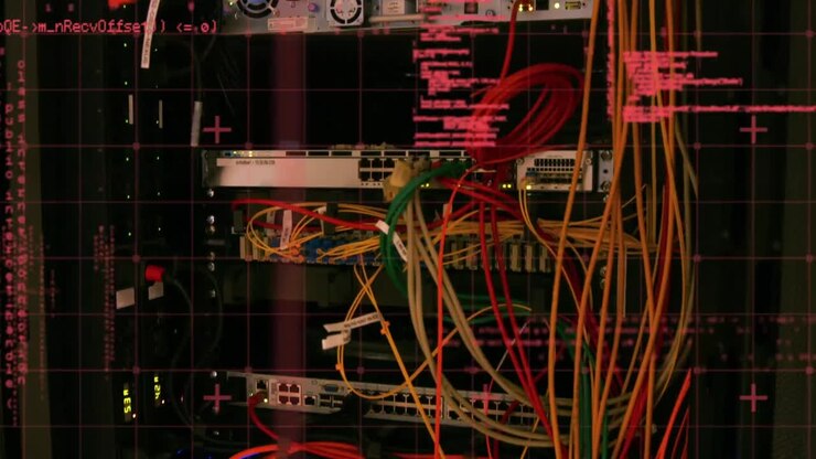 Animation of data processing over close up of computer server