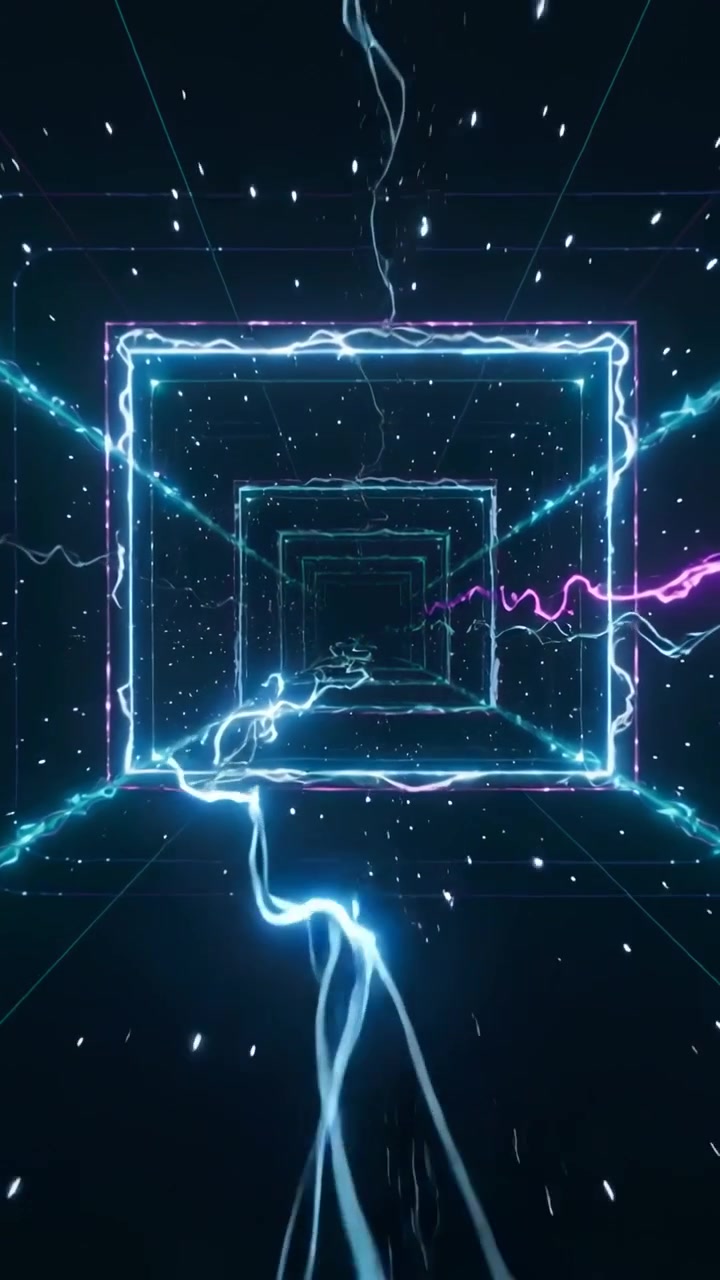 Vertical video: Filament sparking neon frames pulsing in cyber void as arc snaking inward to center