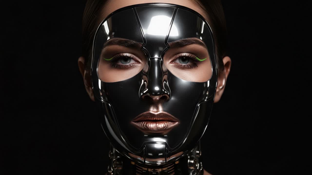 Futuristic Metallic Masked Figure: Exploring the Intricate Design and Unique Aesthetic of a Cybernetic Being in a Dark and Enigmatic Setting