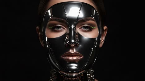 futuristic metallic masked figure: exploring the intricate design and unique aesthetic of a cybernetic being in a dark and enigmatic setting