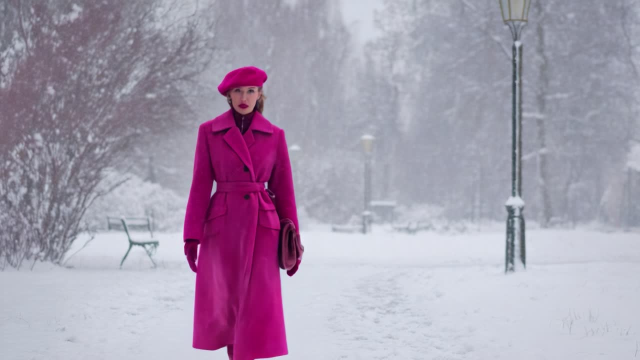 A Striking Fashion Statement: A Woman Strolling Elegantly Through a Snowy Wonderland in a Bold Pink Coat and Matching Accessories, Exuding Confidence Amidst the Winter Chill and Snowfall