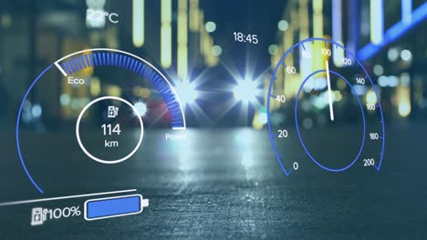 Animation-of-changing-numbers-and-speedometer,-battery-icon,-blurred-moving-vehicle-on-street