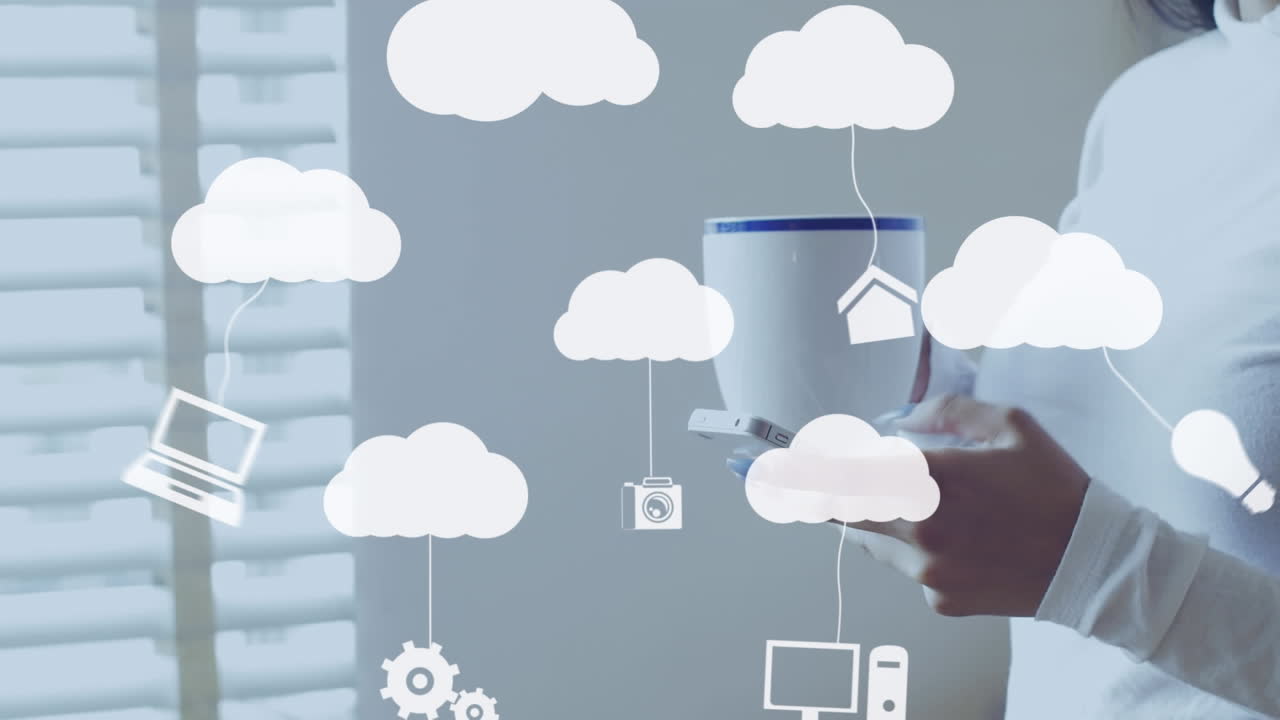 Animation of clouds and media icons over woman using smartphone