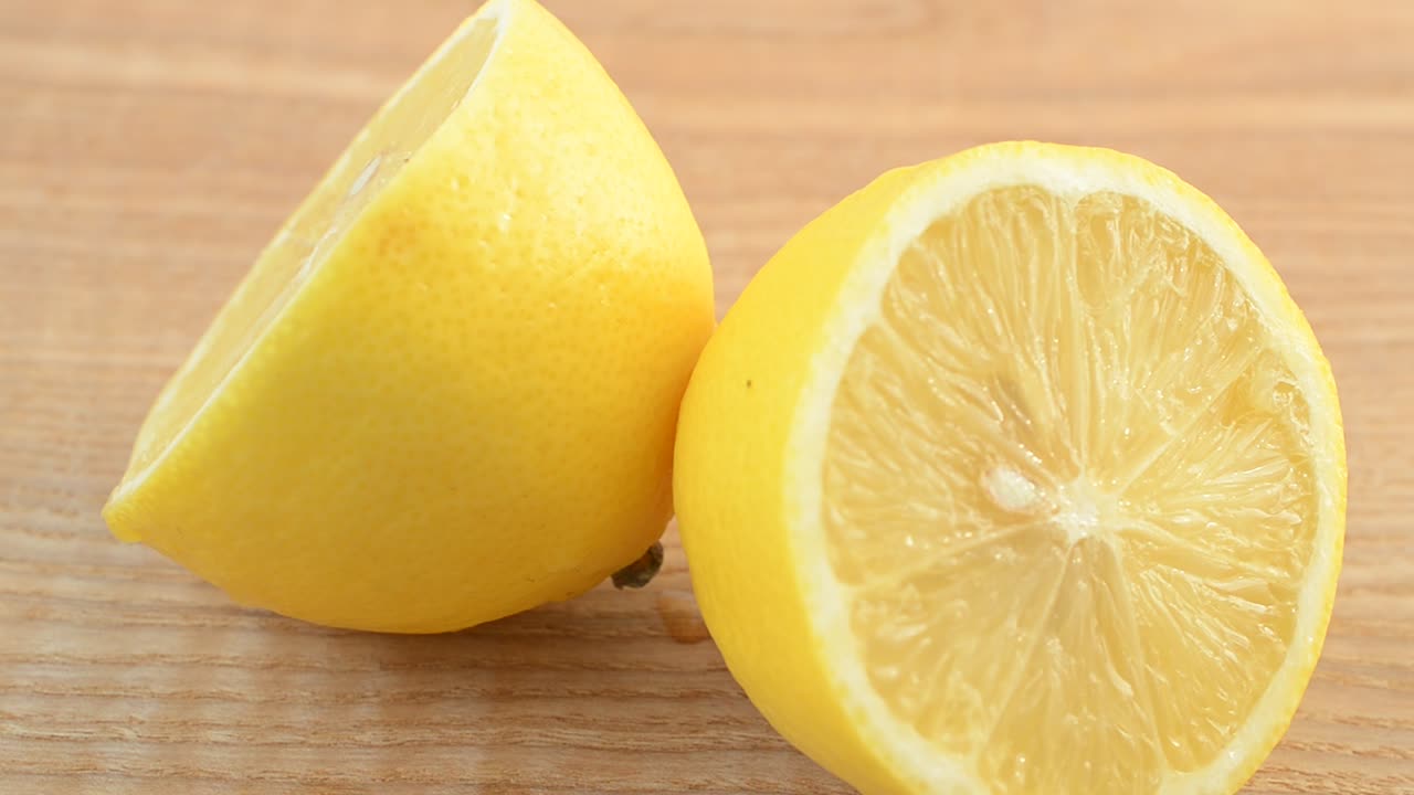 Limone su un tagliere da cucina. Ripresa in movimento