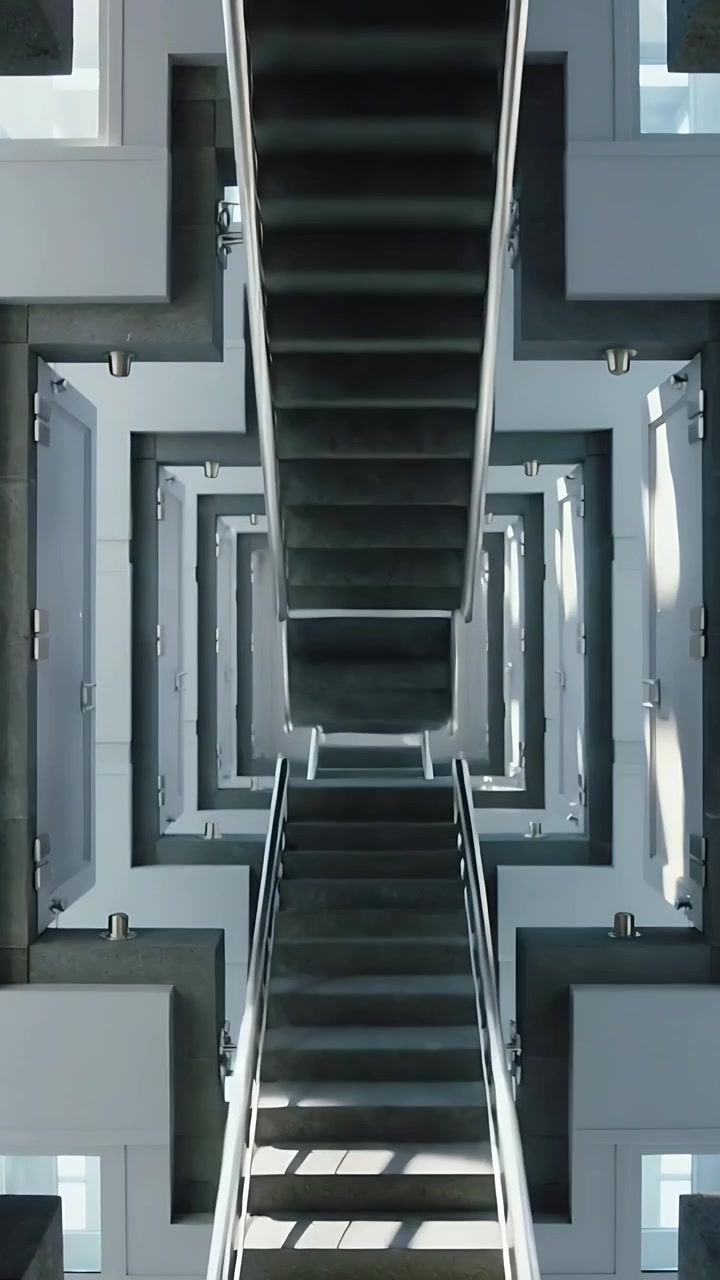 Video verticale: La telecamera si allontana dopo che una porta è socchiusa, rivelando una scala con corrimano in metallo.