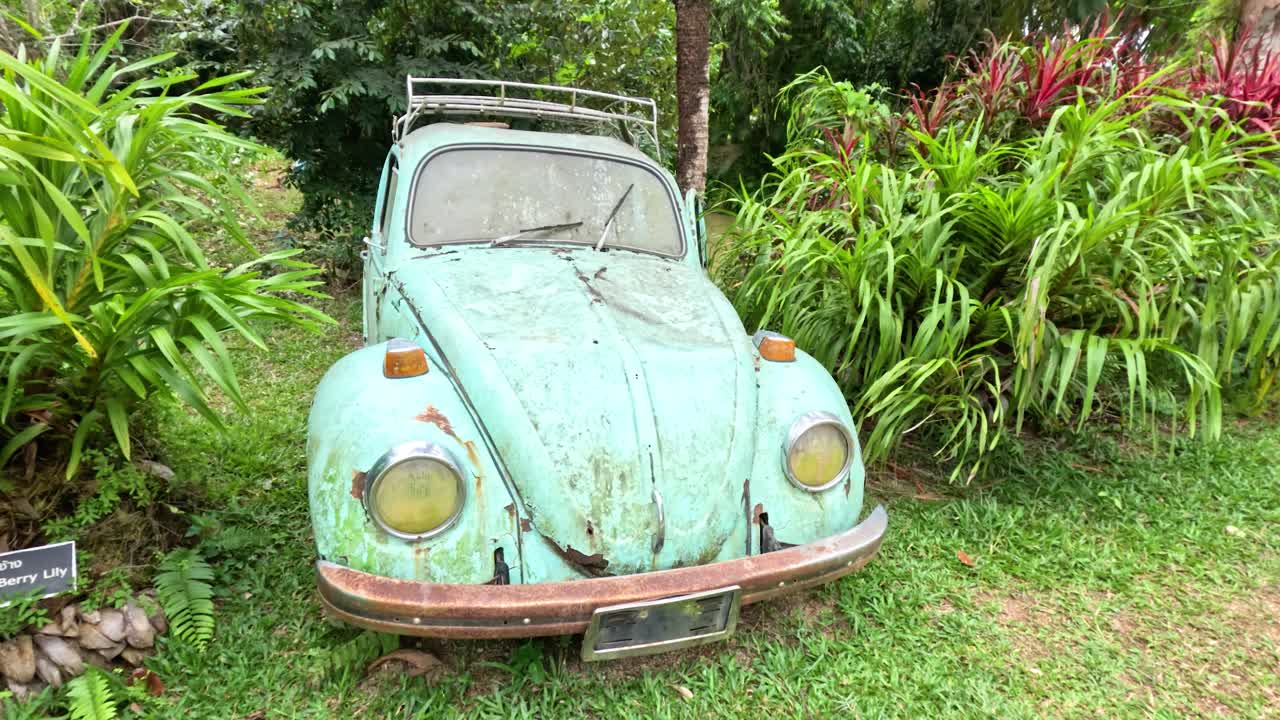 Old turquoise car sits abandoned in vibrant garden, camera slowly moves forward, natural daylight