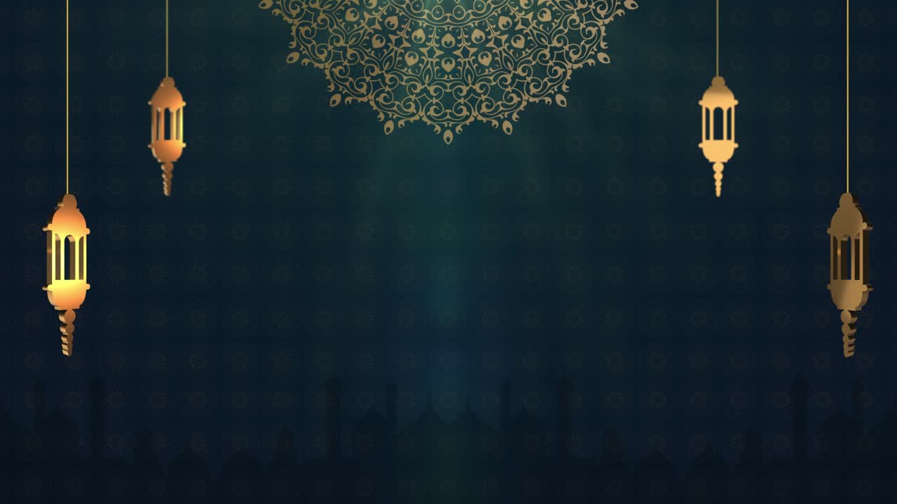 hermoso concepto de diseño islámico de eid mubarak de 4k con linterna de vela de ramadán colgada y mezquita.